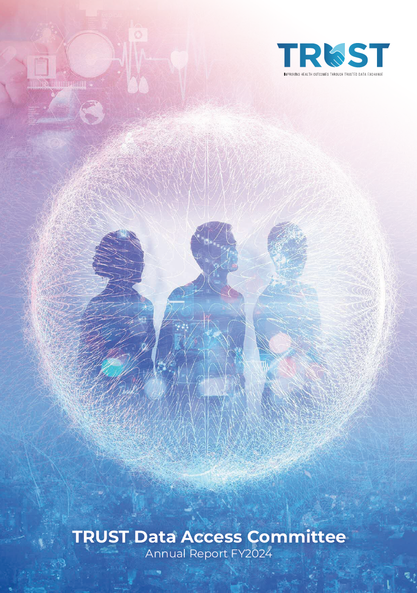 Three silhouetted figures stand within a digital network sphere, with technology icons.